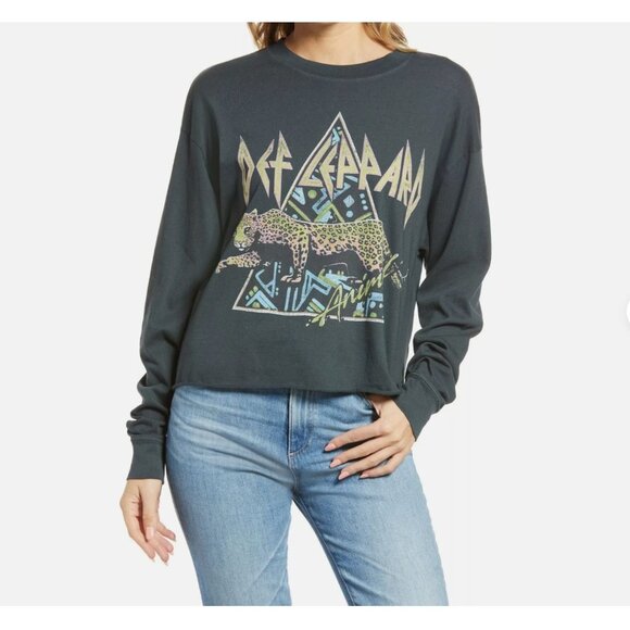 Daydreamer Def Leppard Cropped Top Long Sleeve Tee Black Leopard Large - Picture 1 of 10